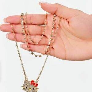 Hello Kitty Gold Necklace with Red Bow and Crystal Pendant